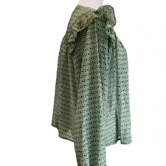 POET BLOUSE LONG SLEEVE 1/4 BUTTON RUFFLE BLOUSE TILE PATTERN Sz. Small - Picture 5 of 10